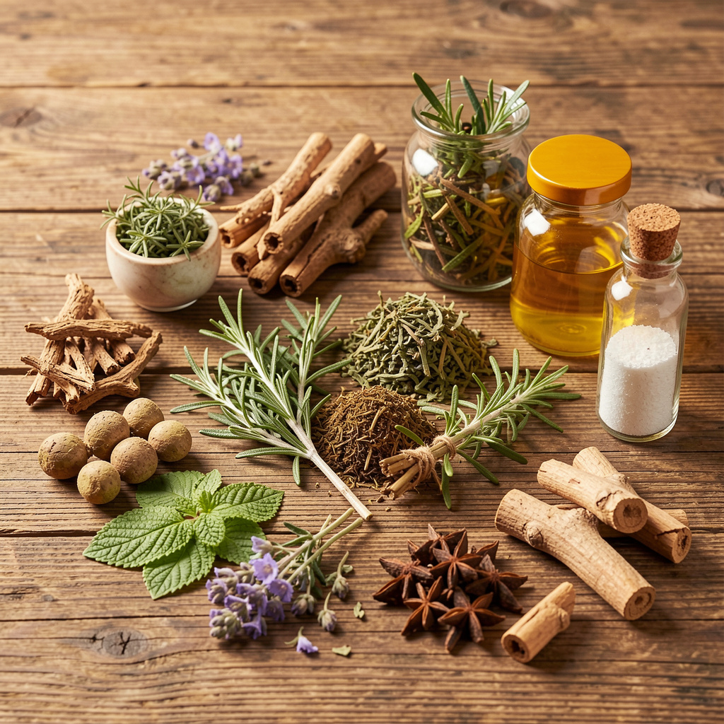Carefully arranged collection of natural botanical ingredients including herbs, roots, and plant extracts on wooden surface